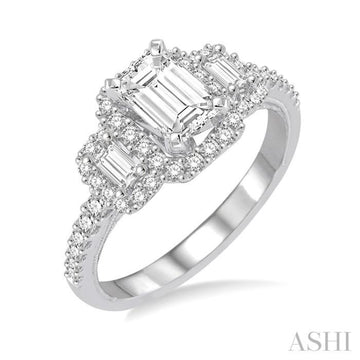 5/8 Ctw Diamond Ladies Engagement Ring with 1/4 Ct Emerald Cut Center Stone in 14K White Gold